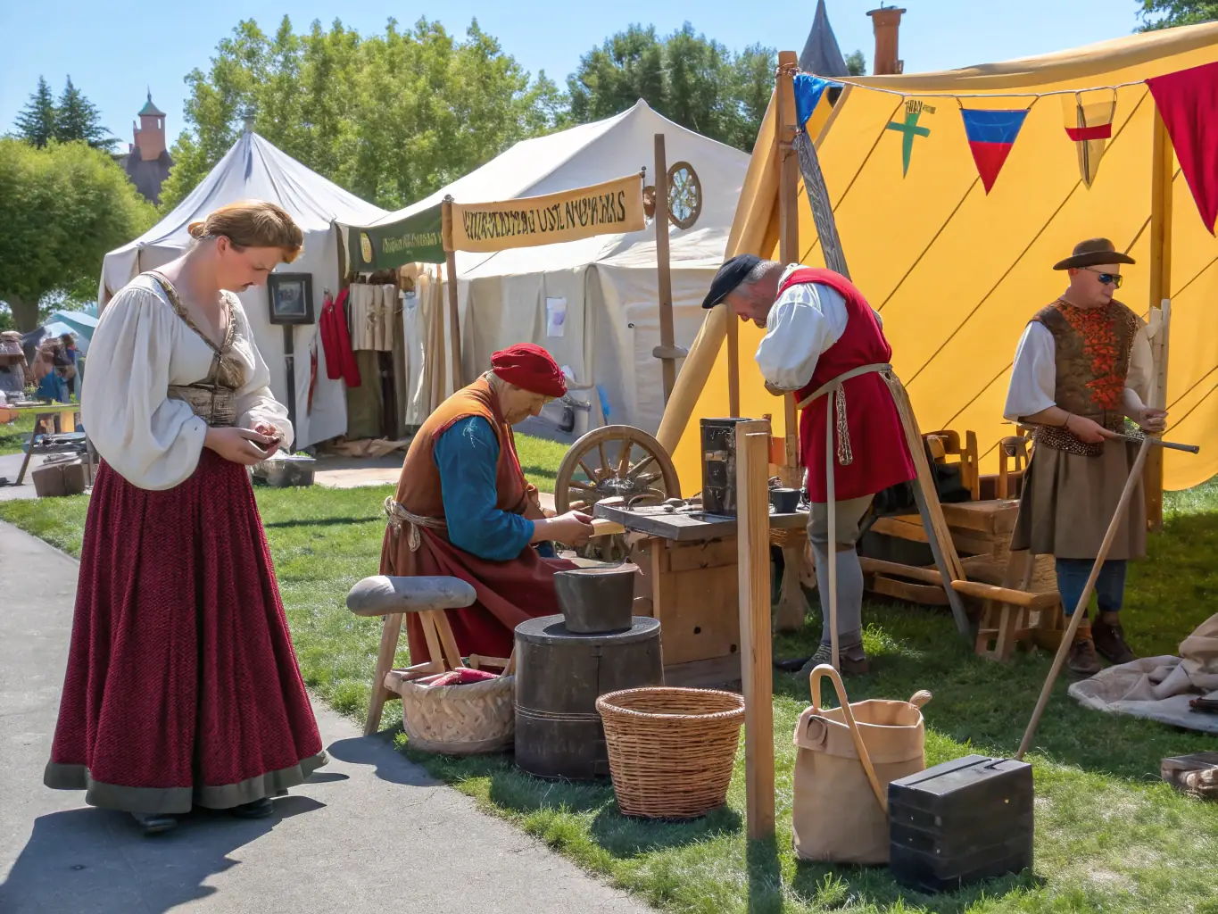 A group of reenactors dressed in medieval attire demonstrating traditional crafts at a historical fair, showcasing the educational aspect of the organization's activities.