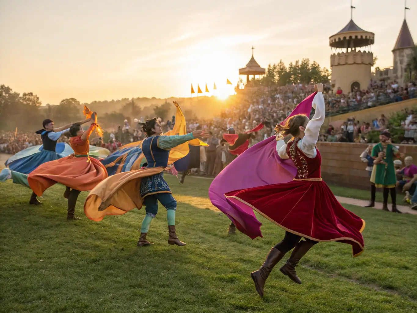 A photograph capturing a lively medieval festival with musicians, dancers, and craft vendors, showcasing the cultural richness of the period.