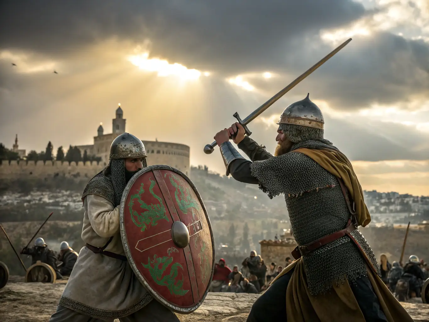 A vibrant image depicting a medieval reenactment scene with knights in armor engaged in a staged battle, showcasing the energy and excitement of the event.