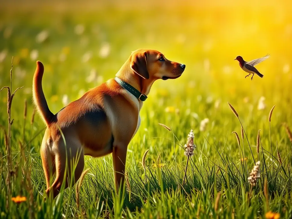 A photograph showing a trained hunting dog pointing at a woodcock in a field. The dog is well-groomed and focused, demonstrating ethical hunting practices.