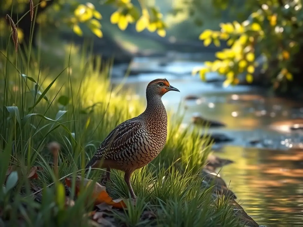 A serene landscape featuring a woodcock in its natural habitat, surrounded by lush greenery and a clear stream, symbolizing the club's commitment to habitat conservation.
