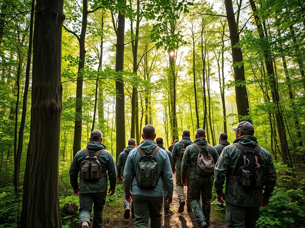 A group of hunters participating in a woodcock hunting training session in a forest, with experienced instructors providing guidance.