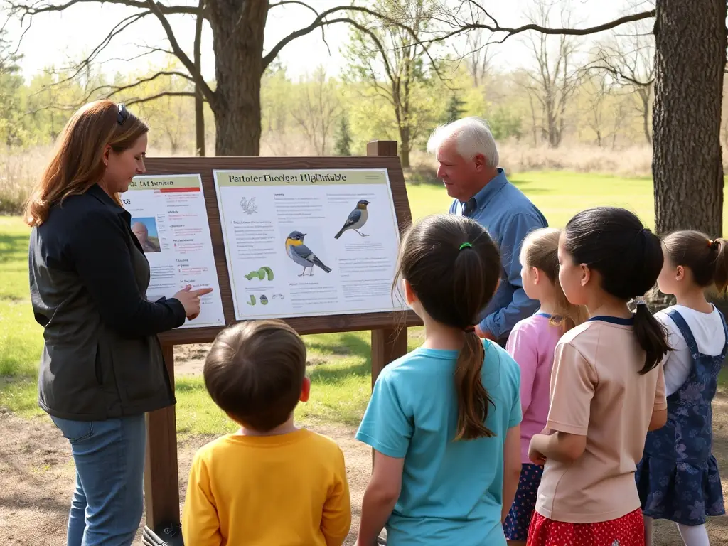 A photograph of club members conducting a workshop on woodcock identification and conservation for local students. The students are engaged and asking questions.