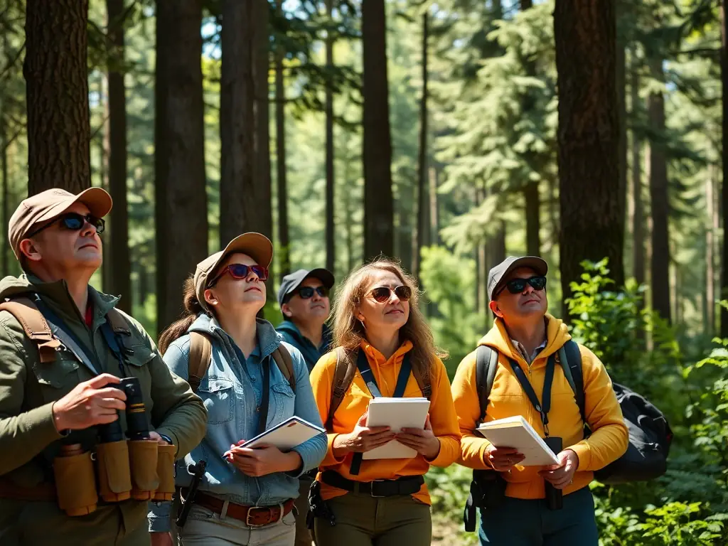 A photograph depicting club members participating in a woodcock habitat survey in a lush, green forest in Ardèche, France. The members are using GPS devices and notebooks to record data.